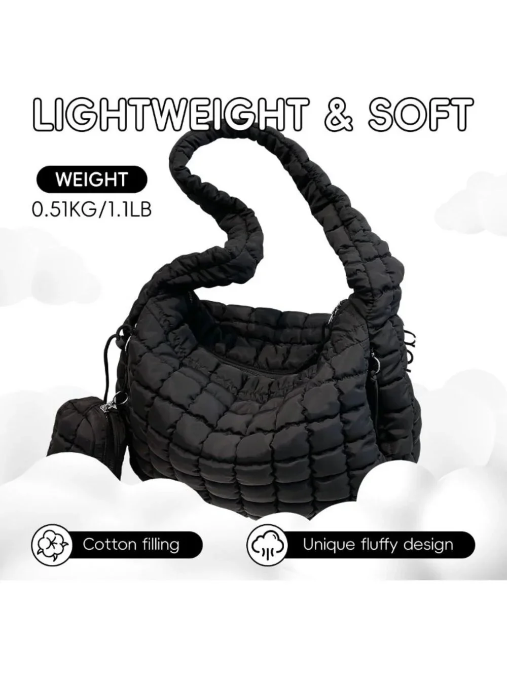 Large Quilted Puffer Tote Bag with Pouch | Stylish Puffy Hobo & Crossbody Purse